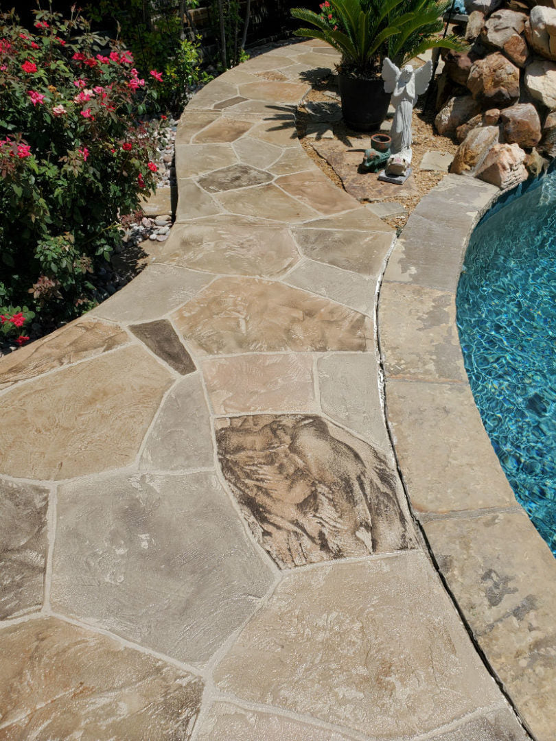 Sealed decorative concrete walkway with a satin finish curving around a backyard swimming pool