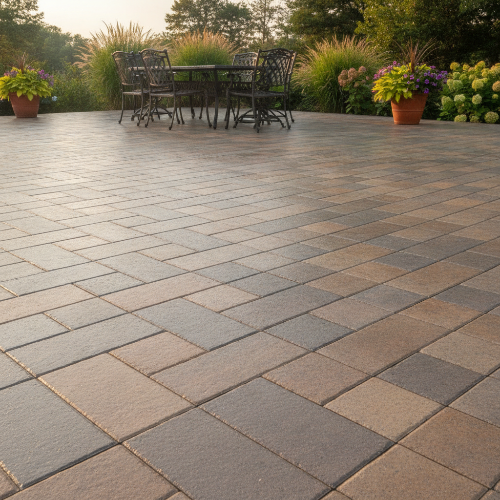 Backyard paver patio with a rich wet-look sealed finish, dining set, and soft evening light