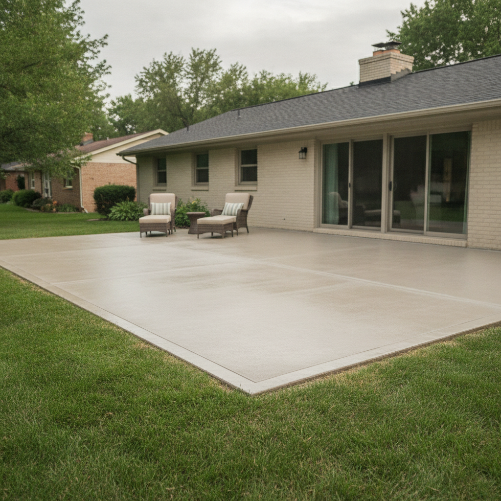 Freshly resurfaced concrete patio at a suburban home showing smooth light gray decorative concrete overlay with clear satin sealer finish