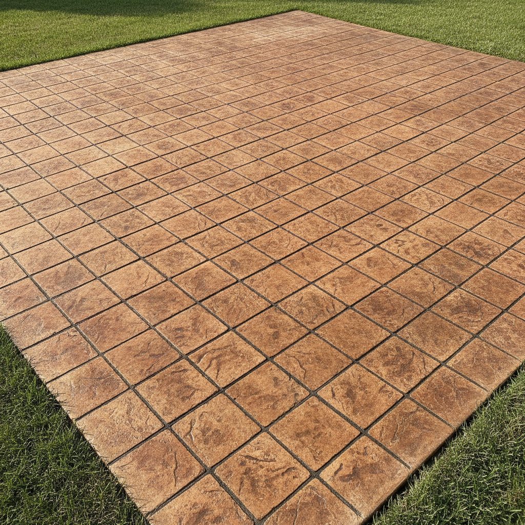 Stenciled decorative concrete overlay patio with terracotta tile pattern surrounded by green lawn