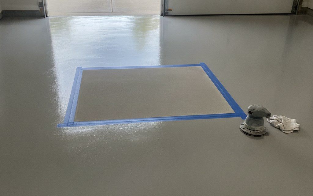 Glossy grey epoxy garage floor with one taped rectangle sanded dull, ready for a recoat