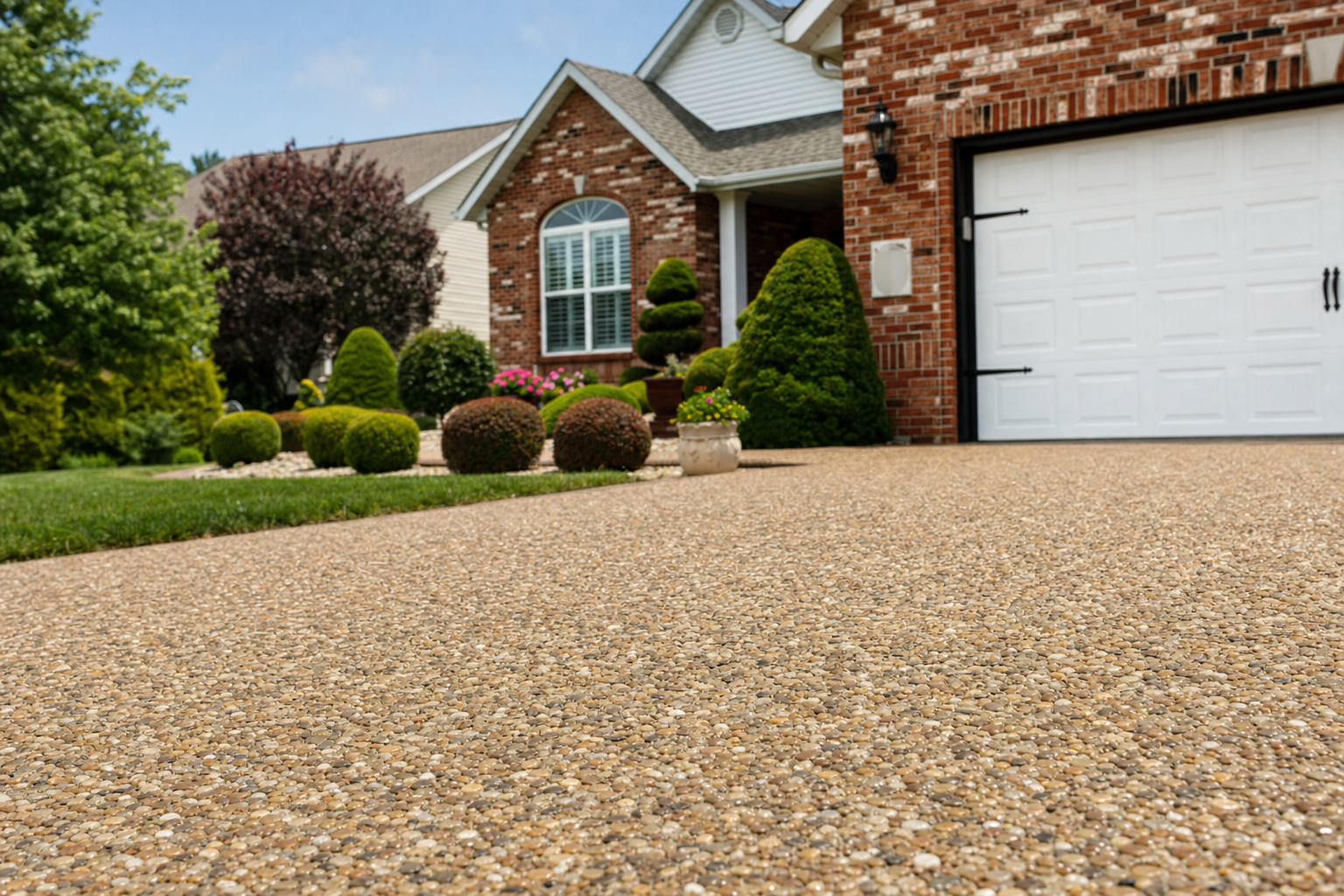 Epoxy pebble flooring driveway of irregular tightly packed warm river rock with satin gloss at a brick home