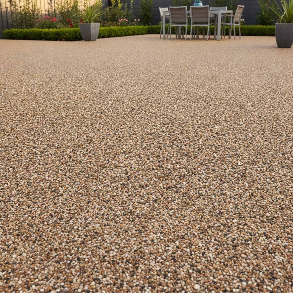 Epoxy pebble patio in caramel river rock with a brown border, dining set on a lush Southeast backyard