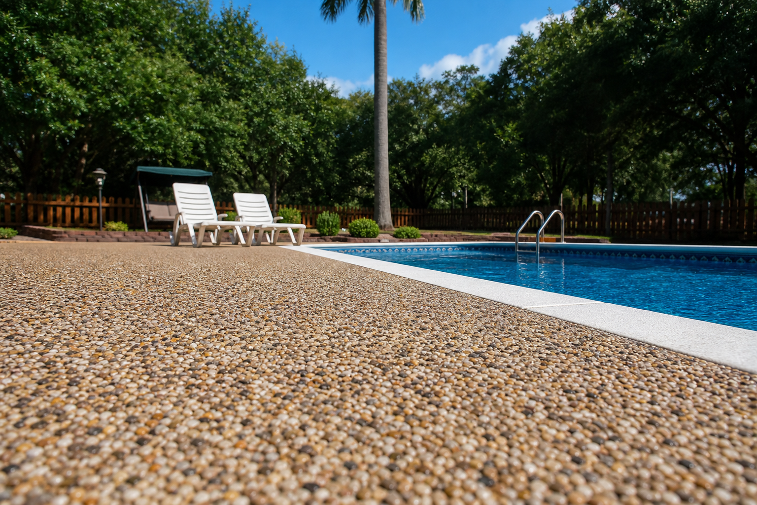 Epoxy pebble pool deck in warm resin-bound river rock surrounding a Southeast backyard pool