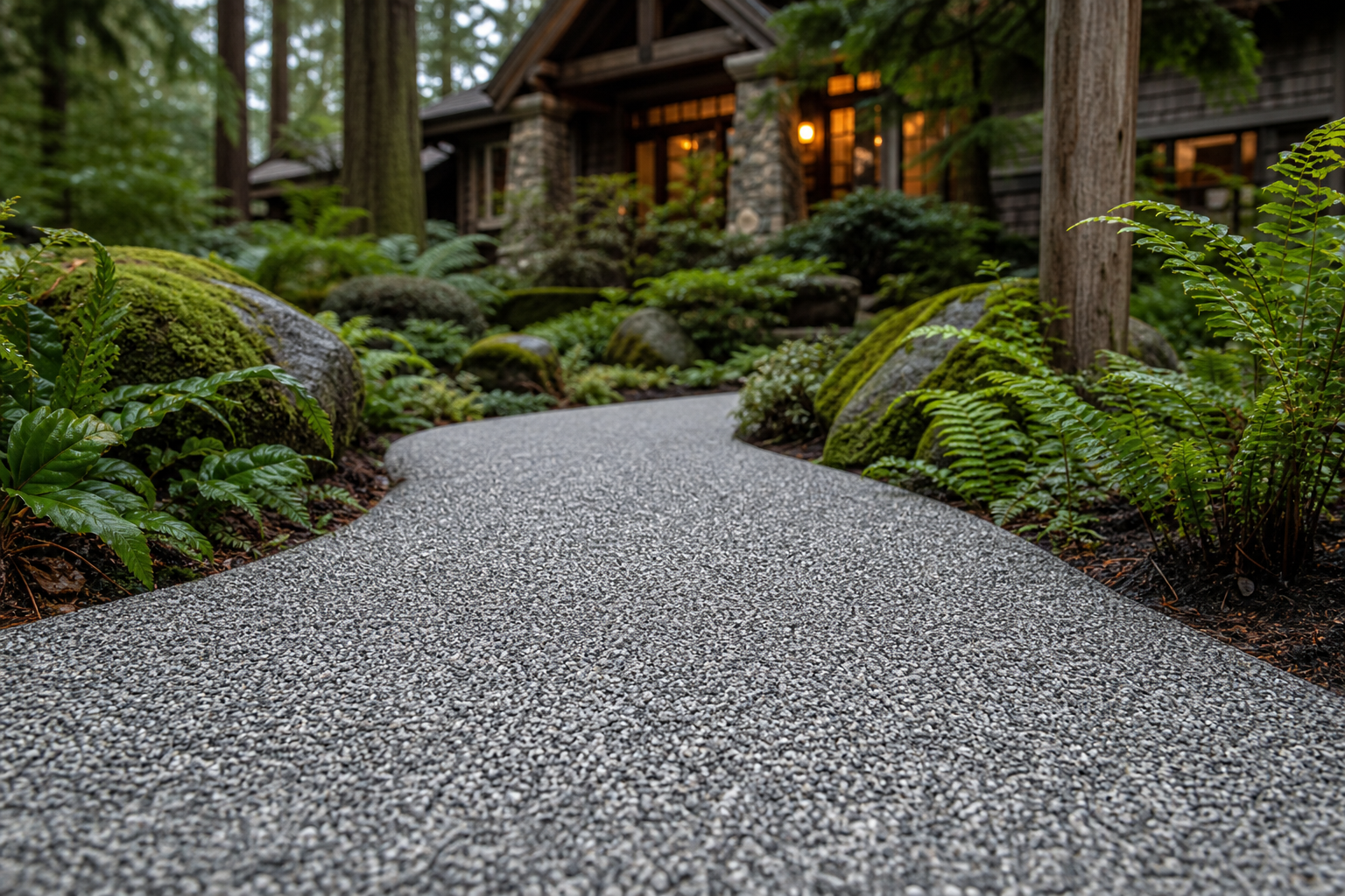 Epoxy pebble walkway in gray resin-bound stone curving through a lush Pacific Northwest fern garden