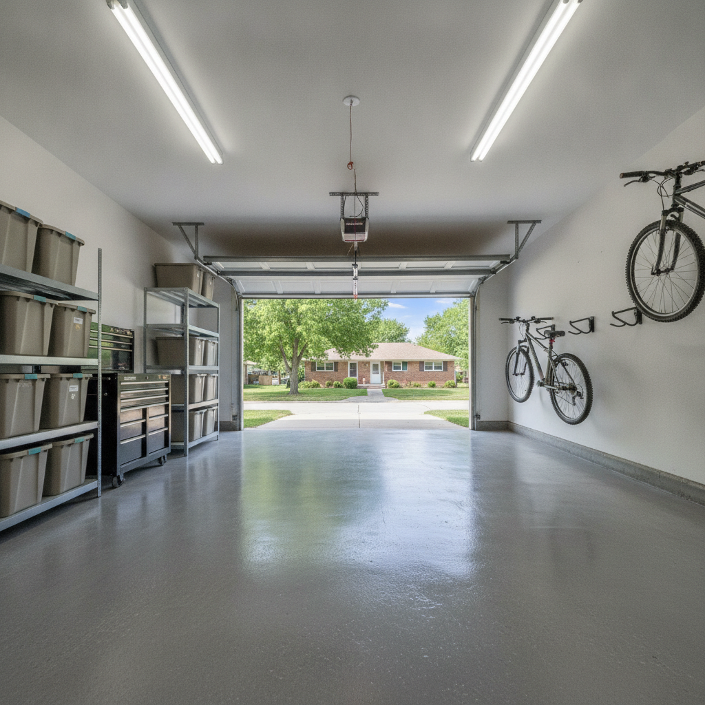 Clean two-car residential garage with a sealed gray concrete floor and open door showing a Midwest brick ranch home
