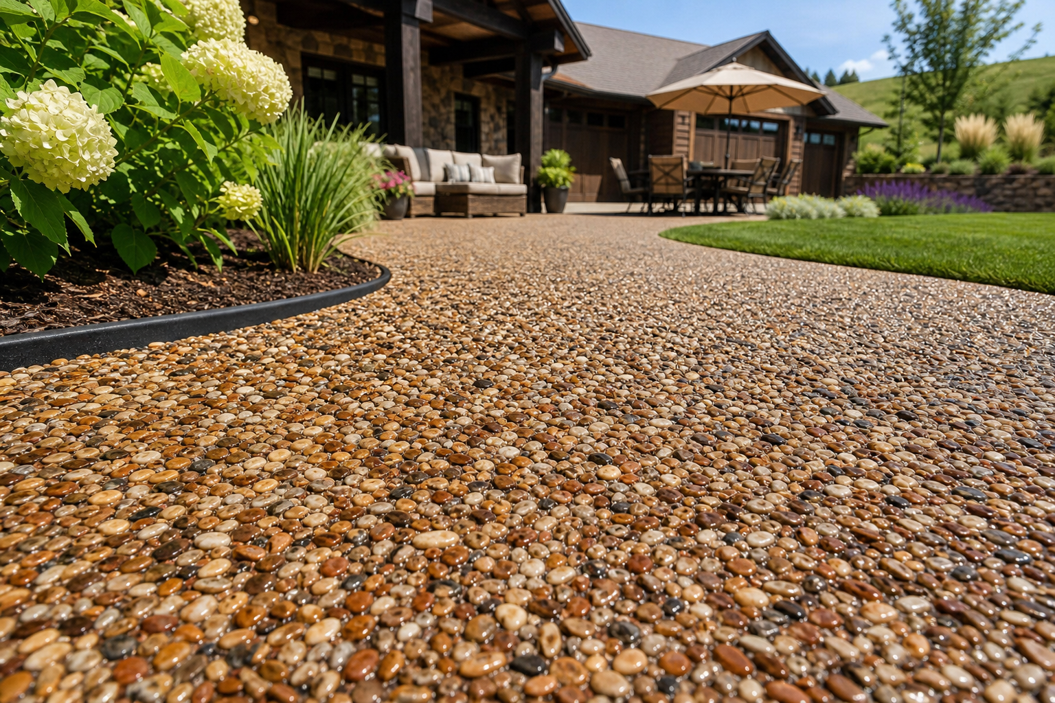 Liquid stone flooring patio of resin-bound caramel river rock edged by a black trim at a craftsman home