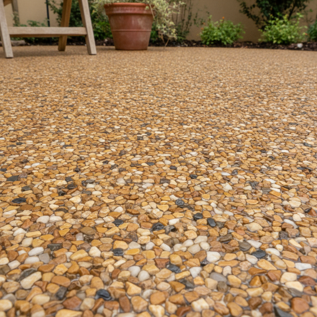 Resin-bound pea gravel patio surface in a warm tan blend, each small rounded stone coated in resin and troweled into one solid layer