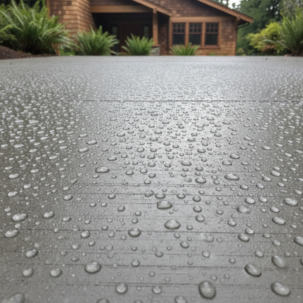 Broom-finished gray concrete driveway after rain with water beading on a matte, natural-looking surface