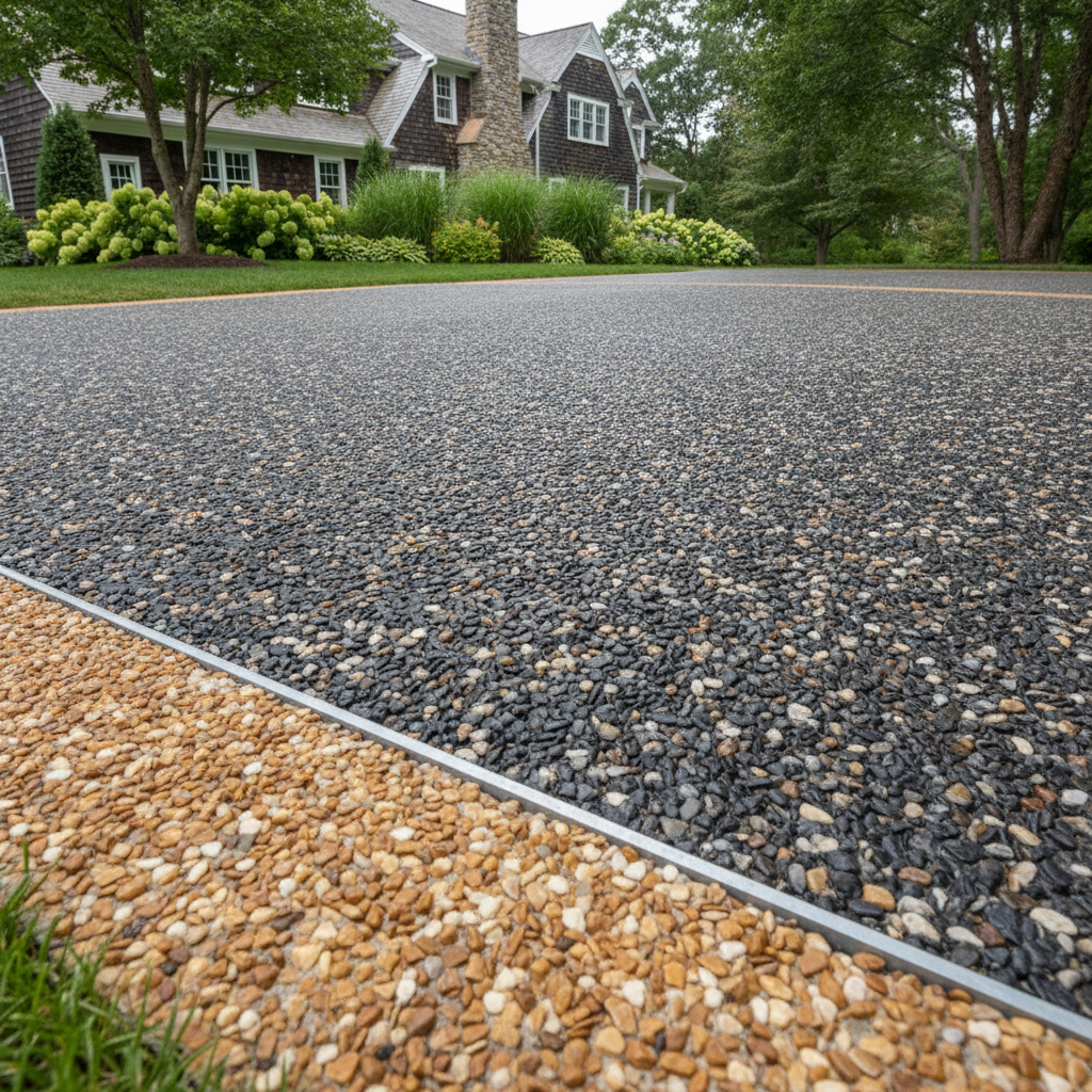 A resin-bound decorative stone driveway sweeping toward a Northeast shingle-style home, shown low and close so the permeable stone surface and its caramel border band fill the foreground