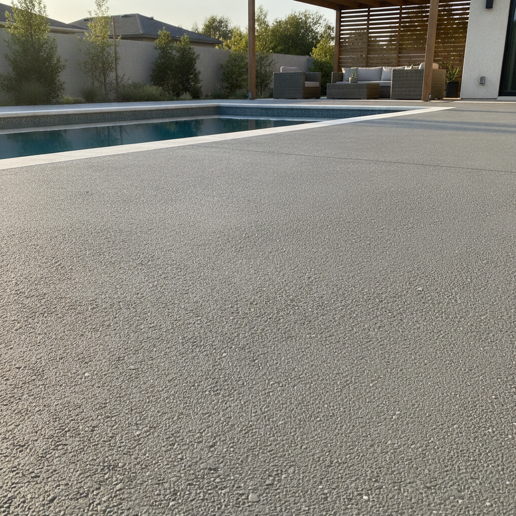 Freshly resurfaced concrete pool deck with smooth decorative overlay finish and pool edge in background