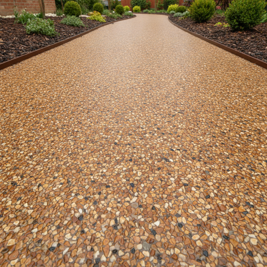 Low ground-level view along a finished resin-bound decorative stone garden path in a warm caramel blend, bordered by bronze edge trim and planted beds