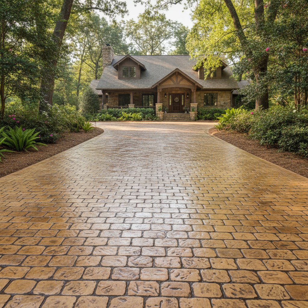 Stamped concrete overlay driveway with cobblestone pattern and antique two-tone coloring at a craftsman home