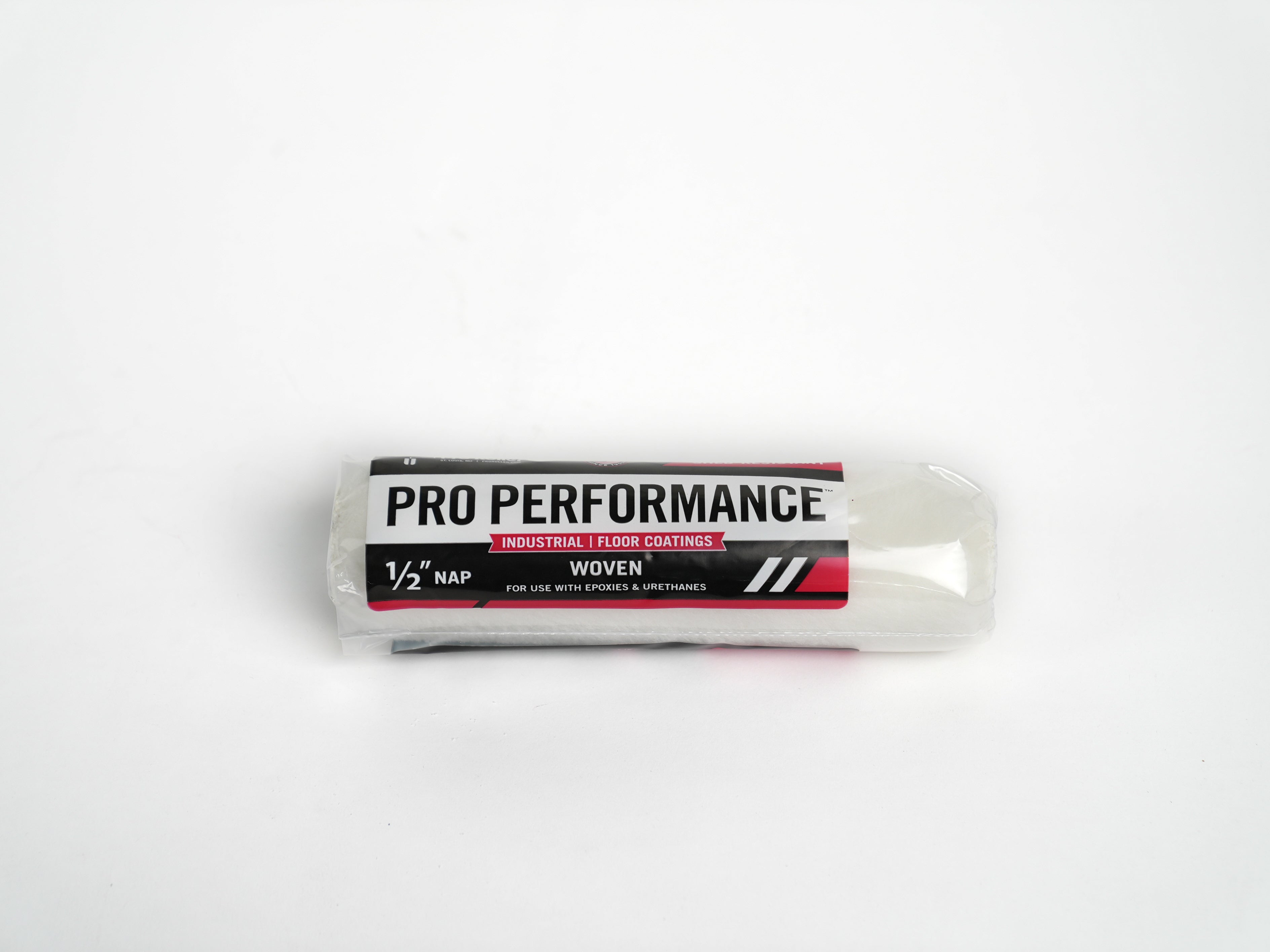 Further away front image of the pro performance packaging in English stating 9 inch roller with 1/2 inch nap, and its use for industrial epoxy and urethane use.