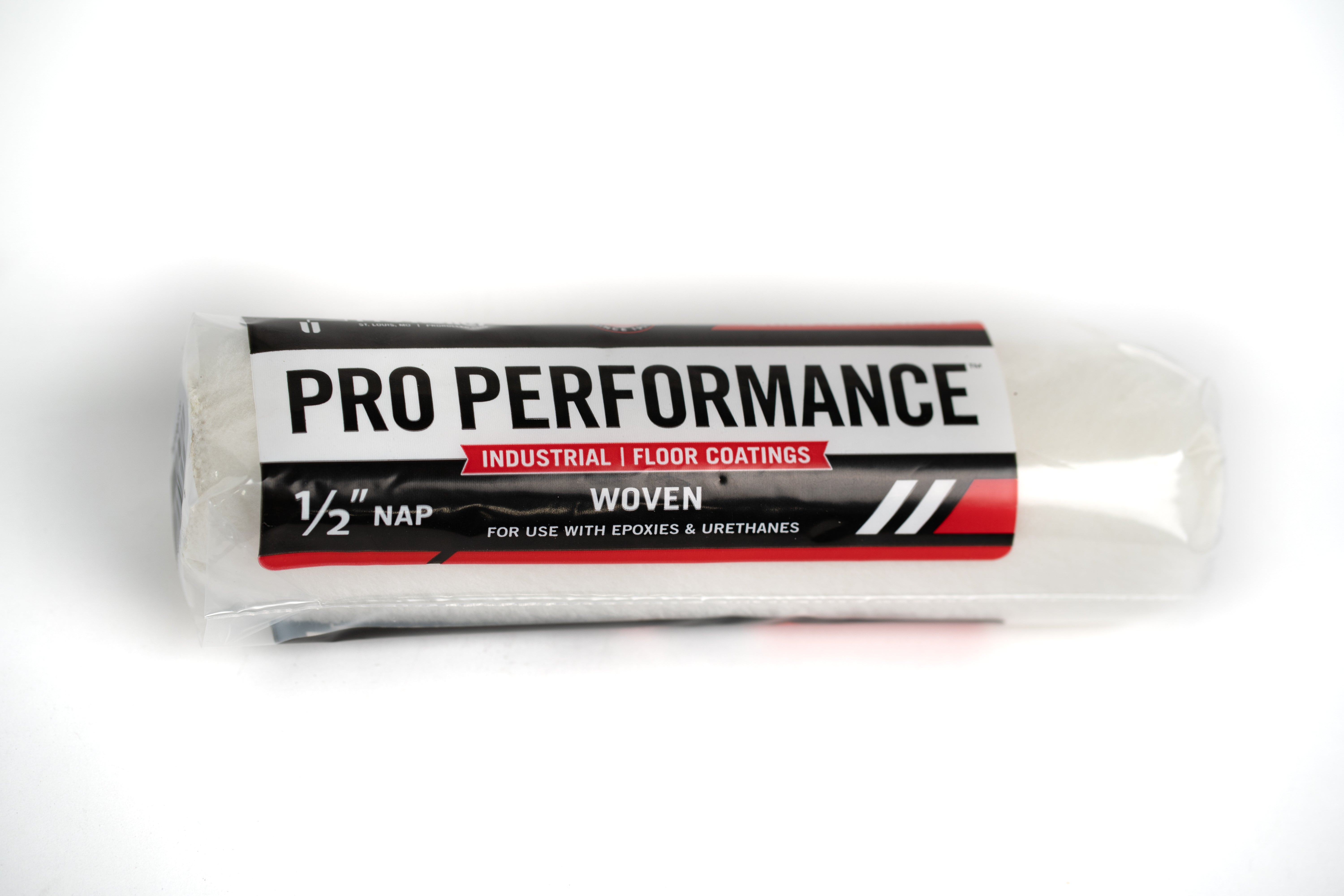Front image of the pro performance packaging in English stating 9 inch roller with 1/2 inch nap, and its use for industrial epoxy and urethane use.