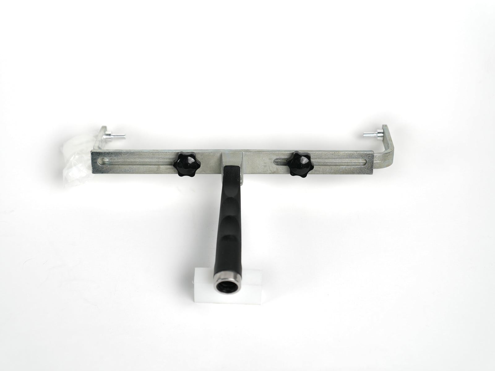 Head up shot of an adjustable 12-18 inch roller frame. Industrial metal Frame. Show the bottom of handle, compatible with rod extender.
