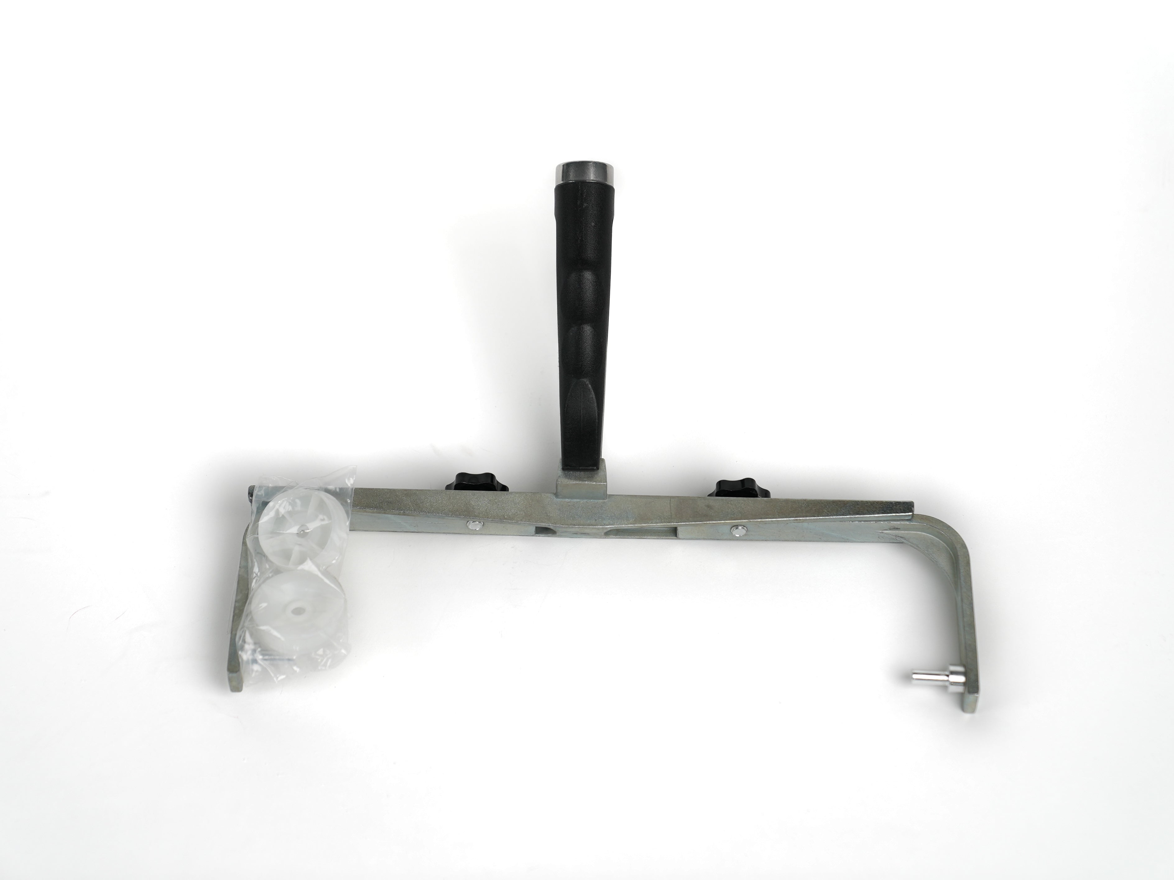 overhead shot, head down, of an underside of an adjustable 12-18 inch roller frame. Industrial metal Frame. compatible with rod extender.