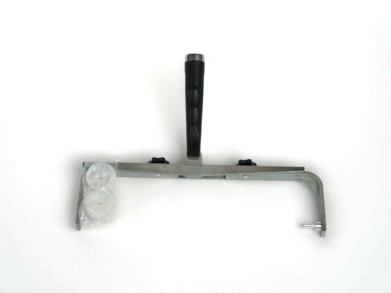 overhead shot, head down, of an underside of an adjustable 12-18 inch roller frame. Industrial metal Frame. compatible with rod extender.