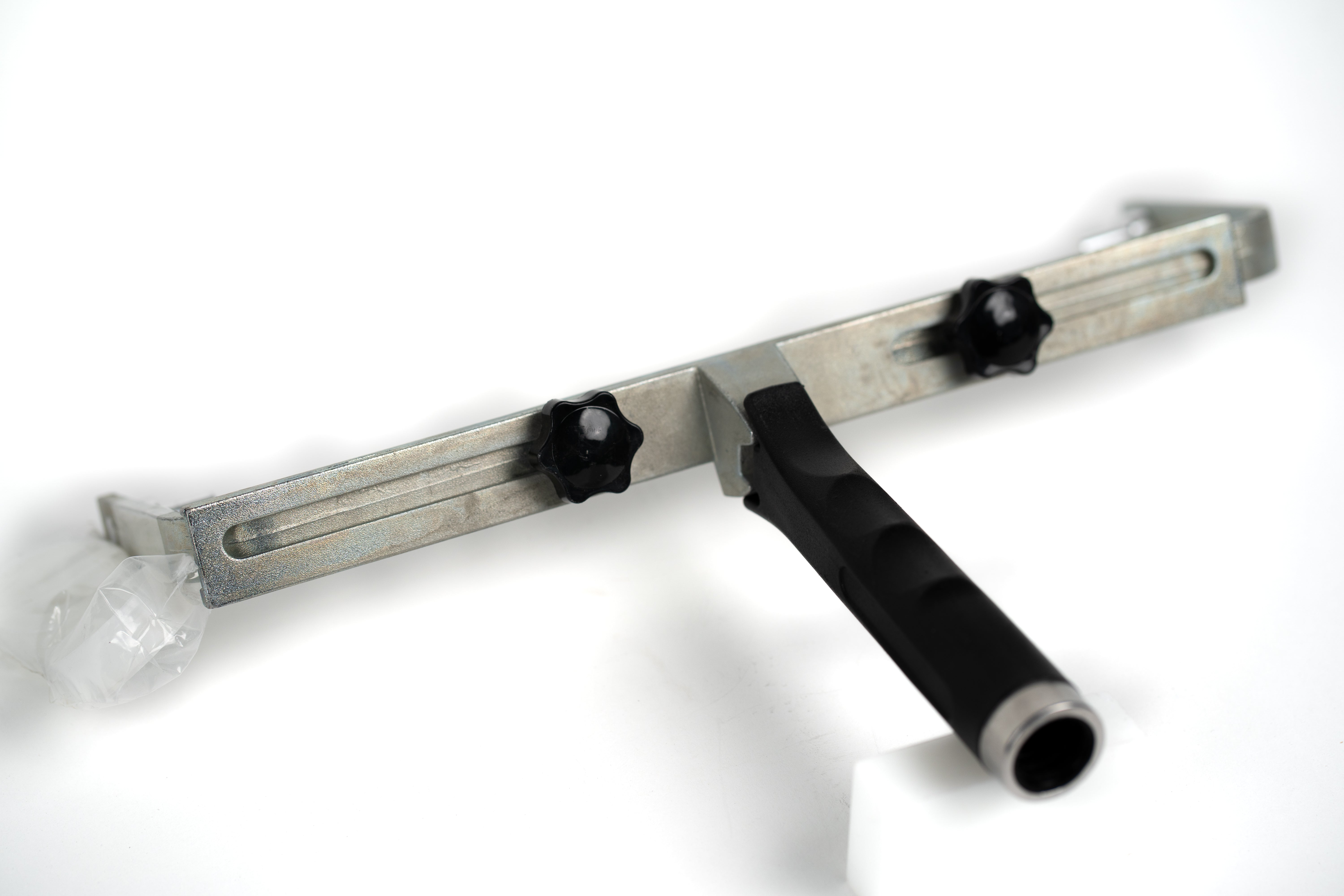Diagonal behind shot, head up, of an adjustable 12-18 inch roller frame. Industrial metal Frame. compatible with rod extender.