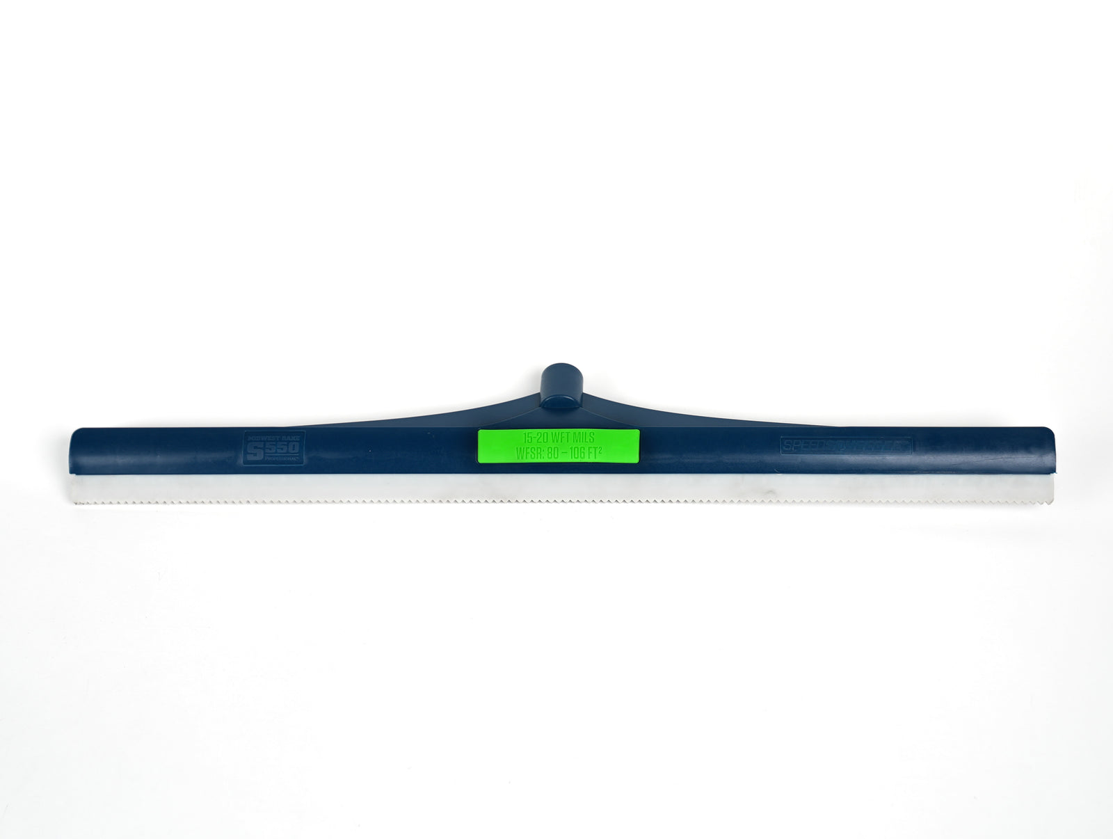 Small 24 inch, 15-20 mils, notched squeegee rake shows entire product front