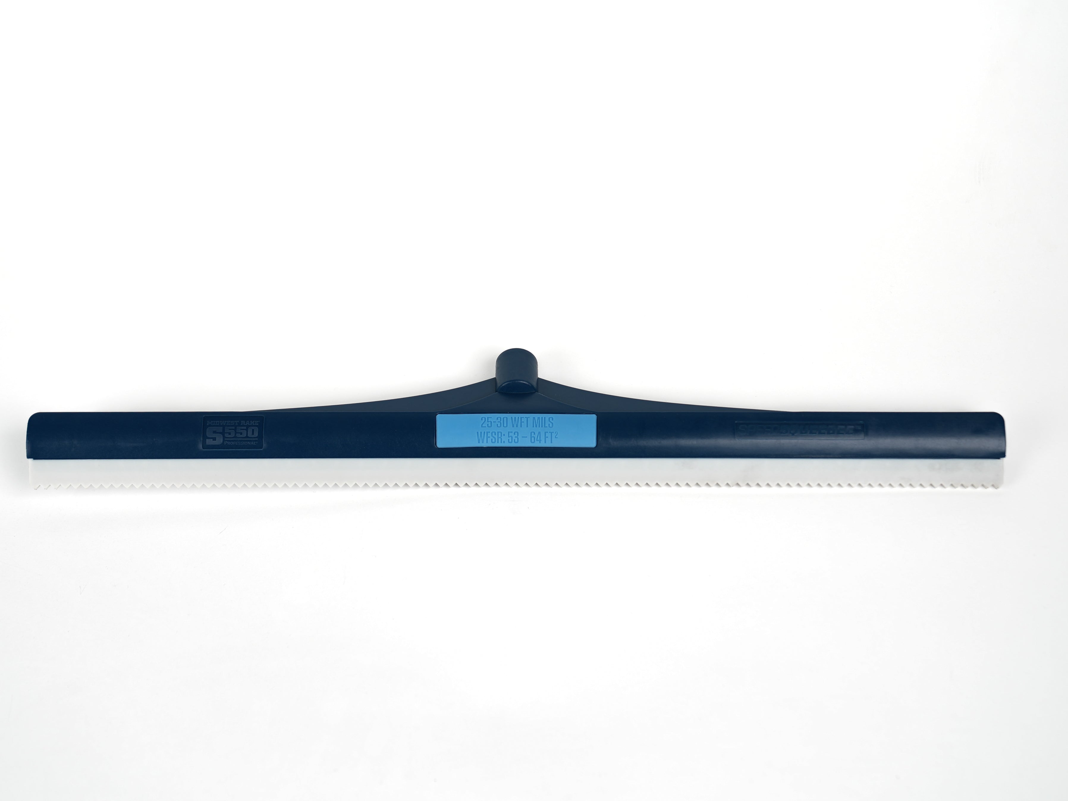 Large 24 inch, 25-30 mils, notched squeegee rake shows entire product front
