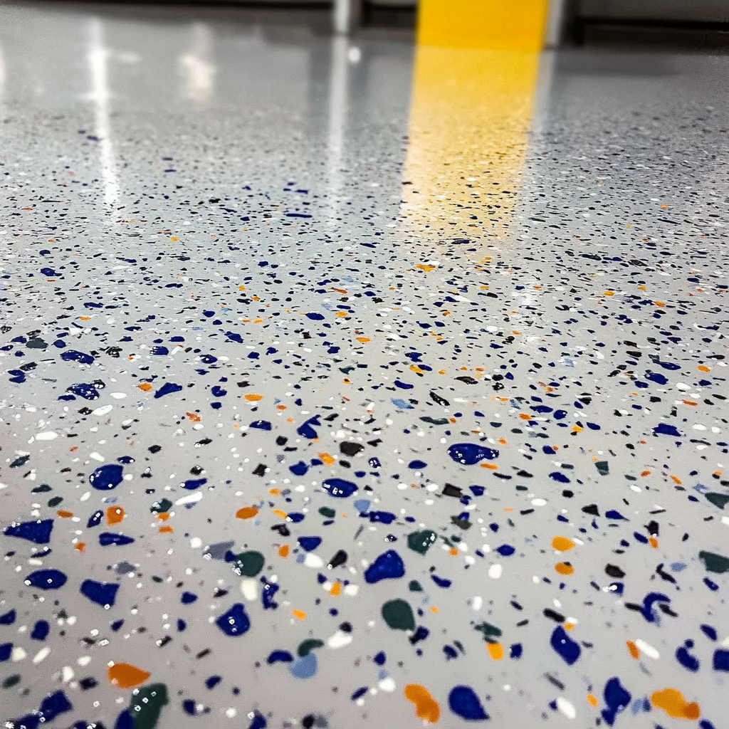 Floor covered with a beautiful light gray base epoxy floor coat and 50% broadcasted, blue orange and white epoxy flake. 