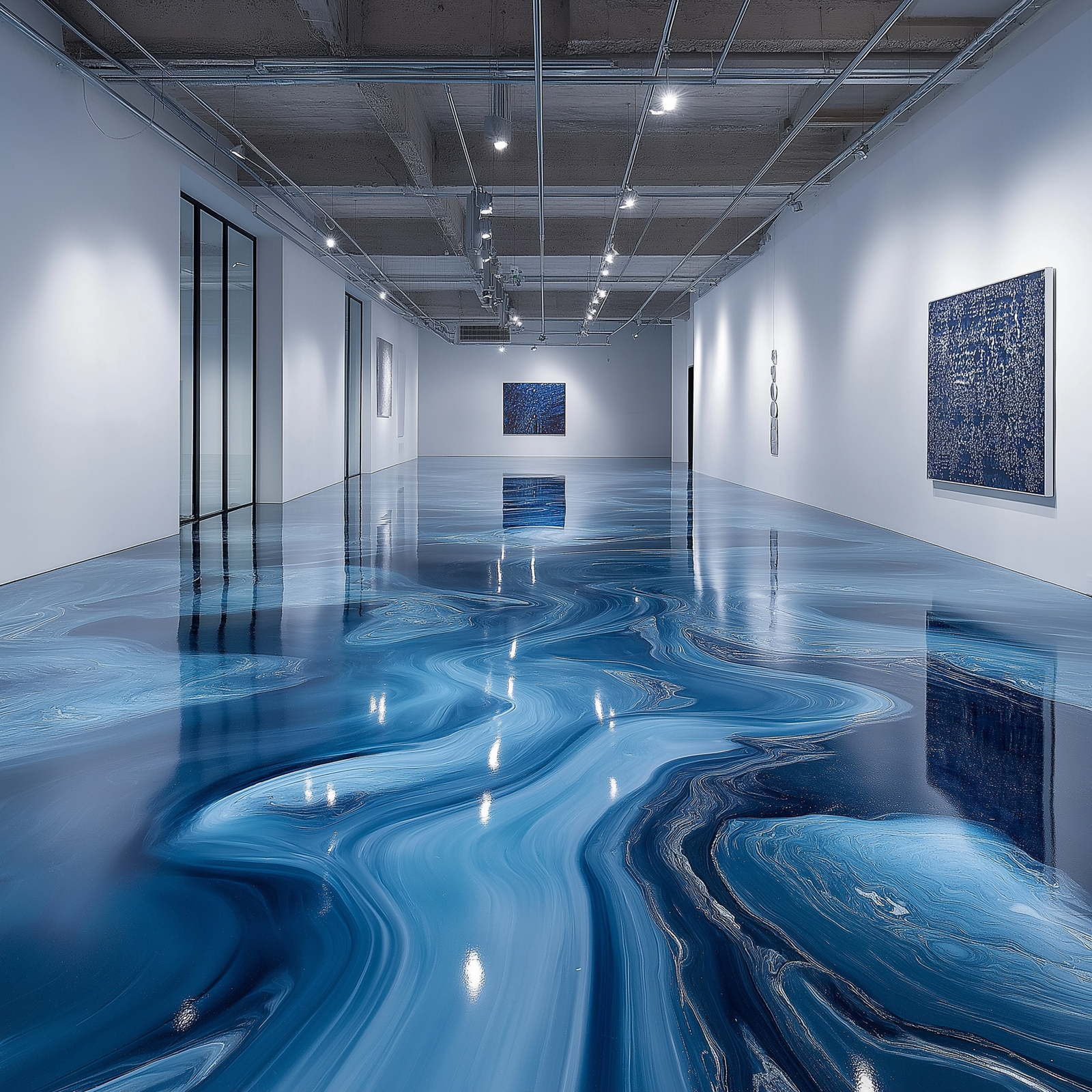 Art gallery floor covered with a beautiful multiple shade of blue and white marble epoxy floor coat. 