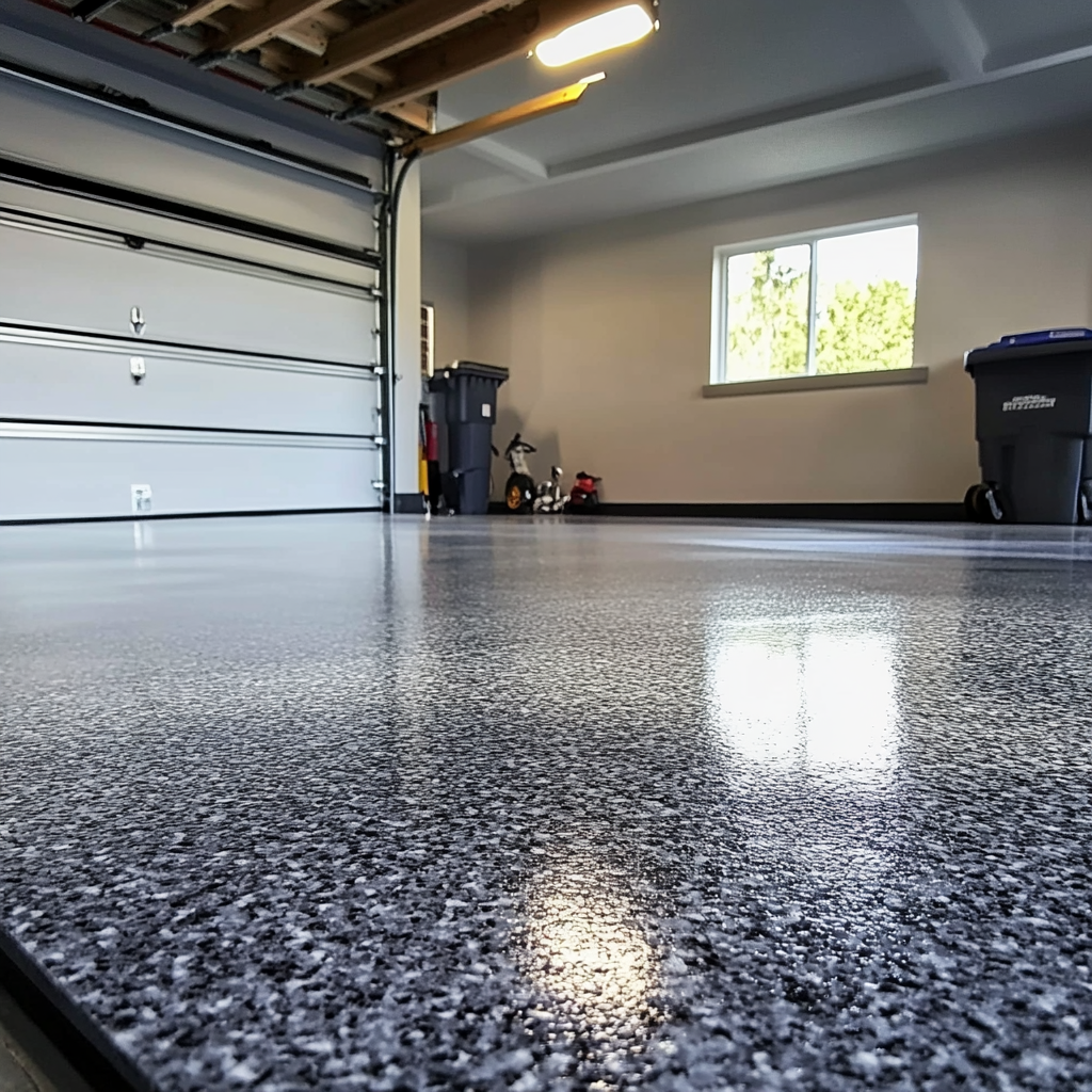 Garage floor with 100% black, blue and white epoxy flake broadcast on a light gray base. This shows a Gloss 2 part Water Based Urethane finish by Mckinnon Materials
