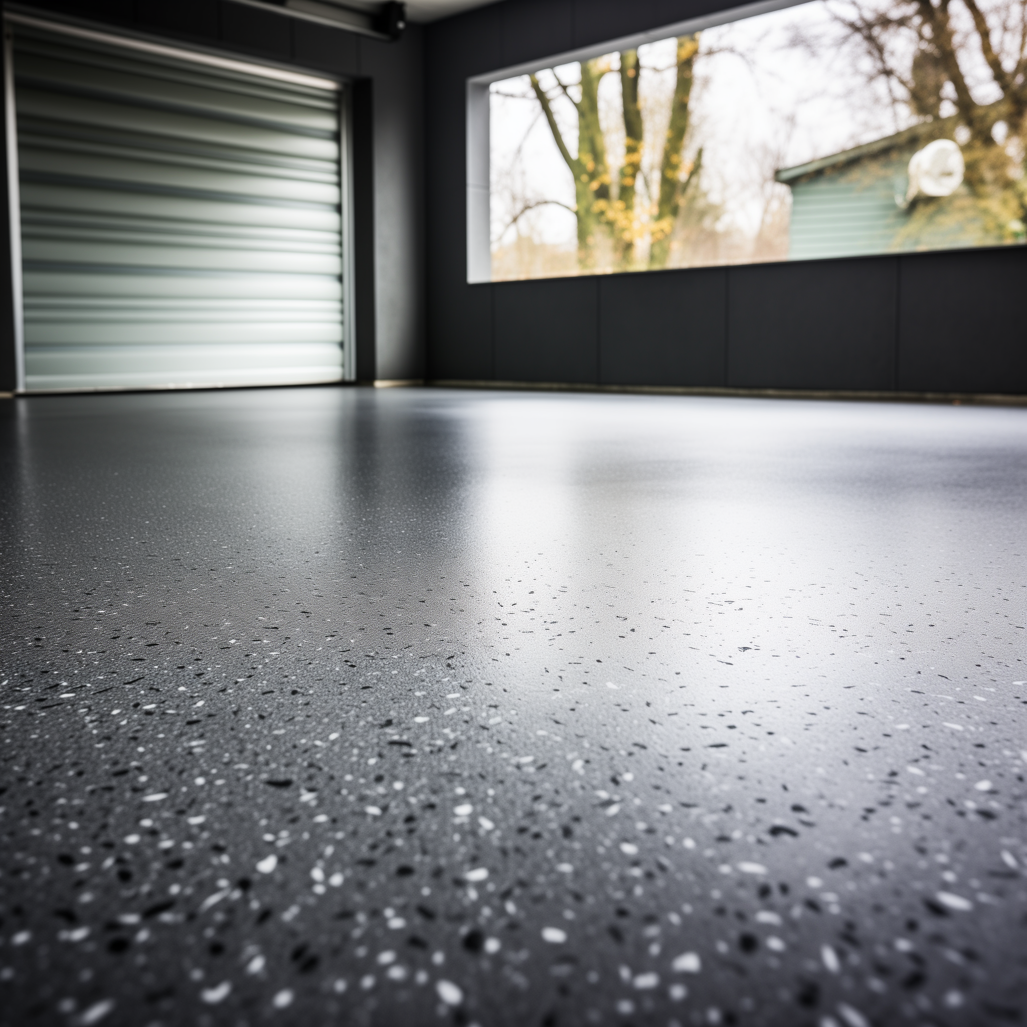 Garage floor with 50% black and white epoxy flake broadcast on a dark gray base. This shows a Matte 2 part Water Based Urethane finish by Mckinnon Materials