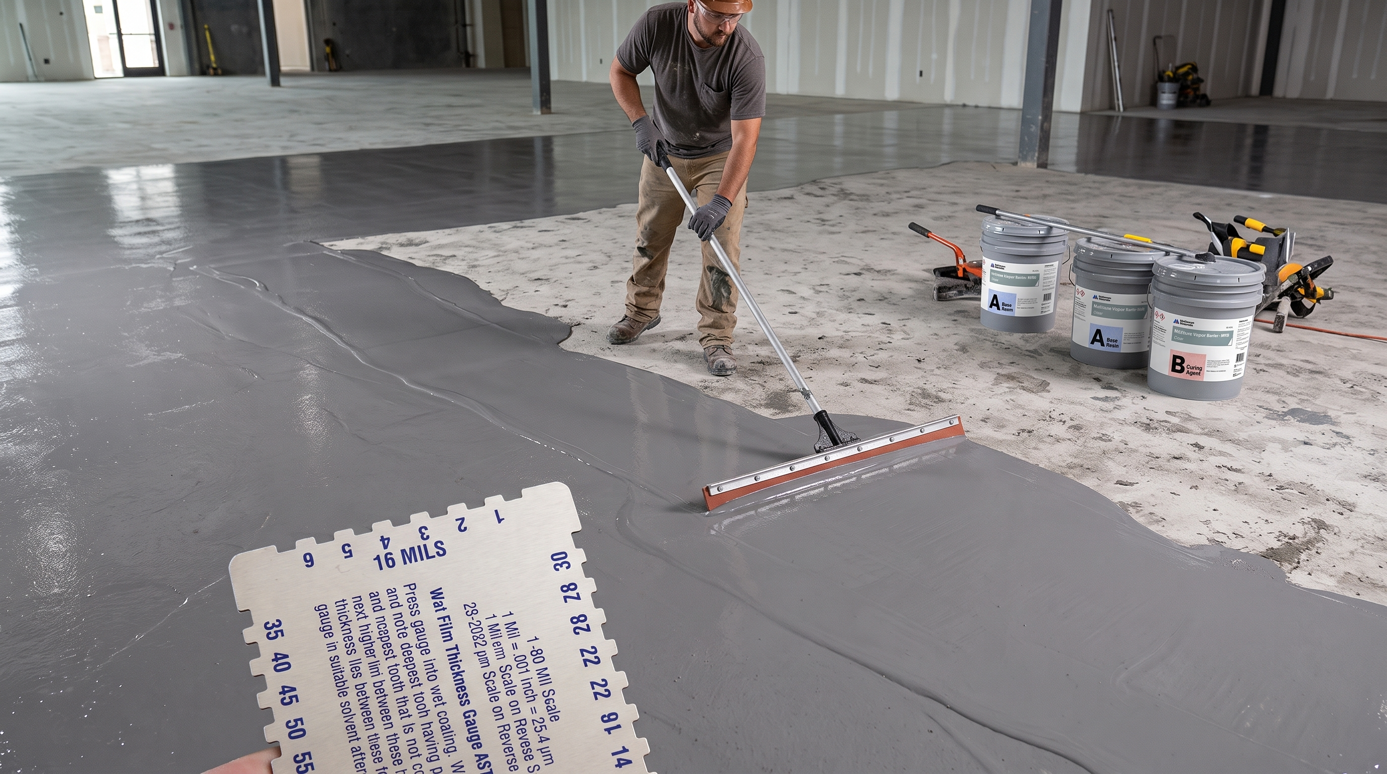 Contractor squeegeeing grey moisture barrier for concrete floor at 16 mils 