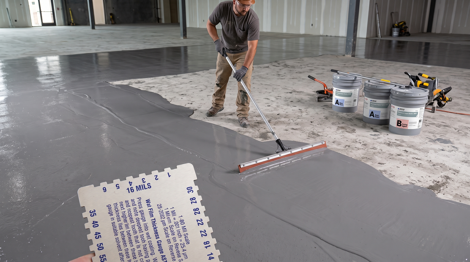Contractor squeegeeing grey moisture barrier for concrete floor at 16 mils 