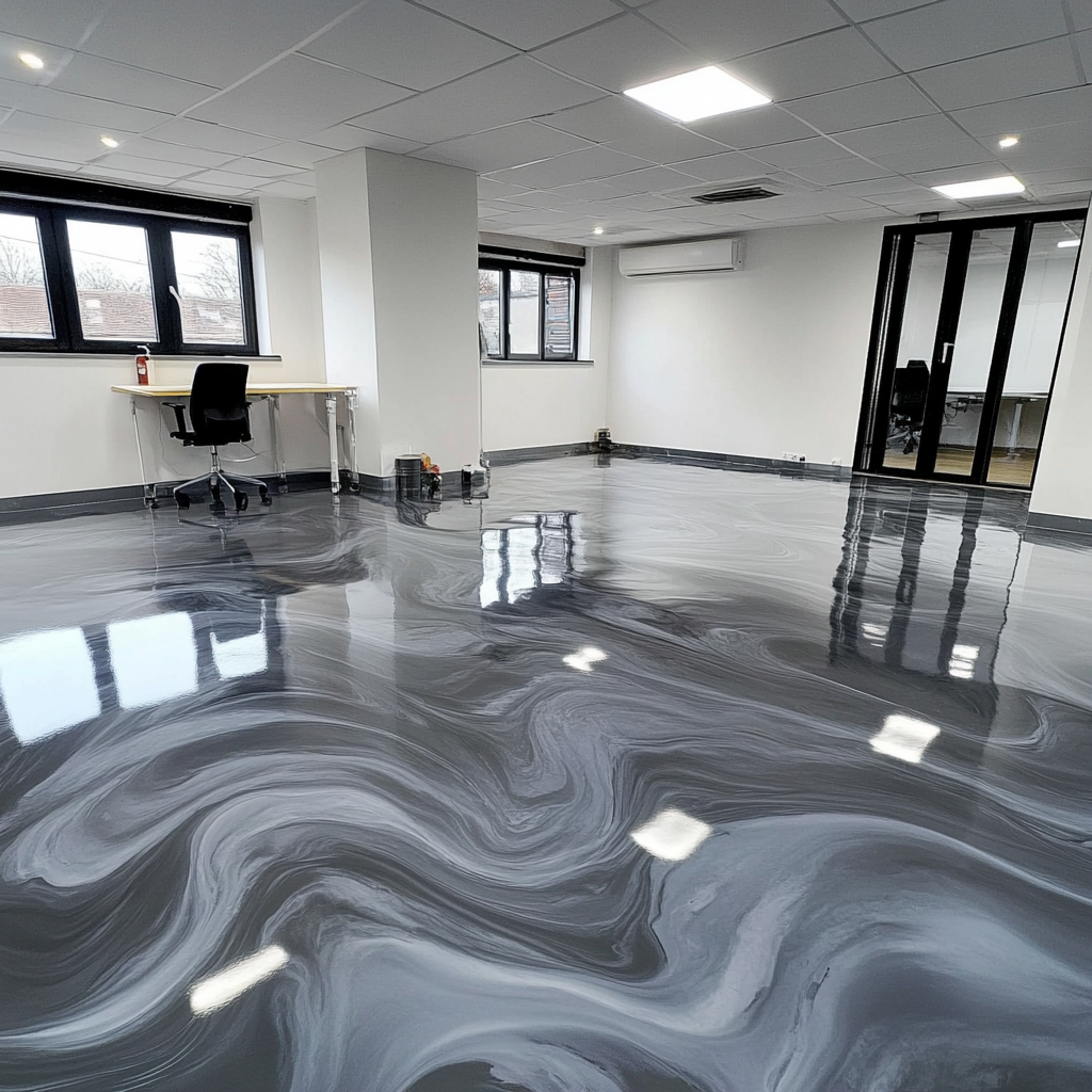 Office floor covered with a beautiful multiple shade of gray, charcoal and white marble epoxy floor coat. 