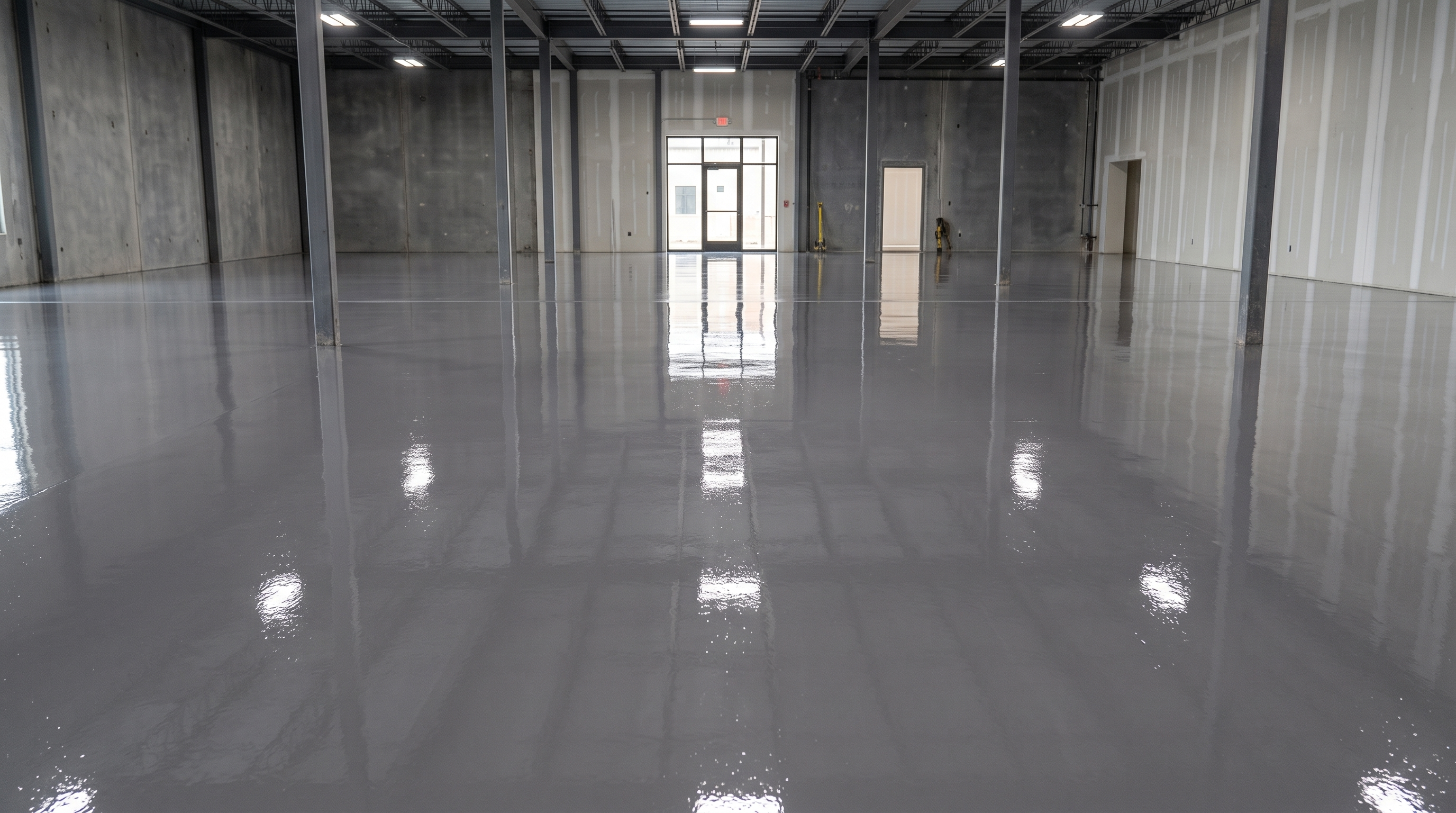 Cured grey epoxy moisture vapor barrier on prepared concrete slab 