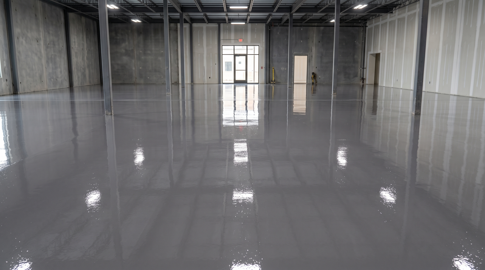 Cured grey epoxy moisture vapor barrier on prepared concrete slab 