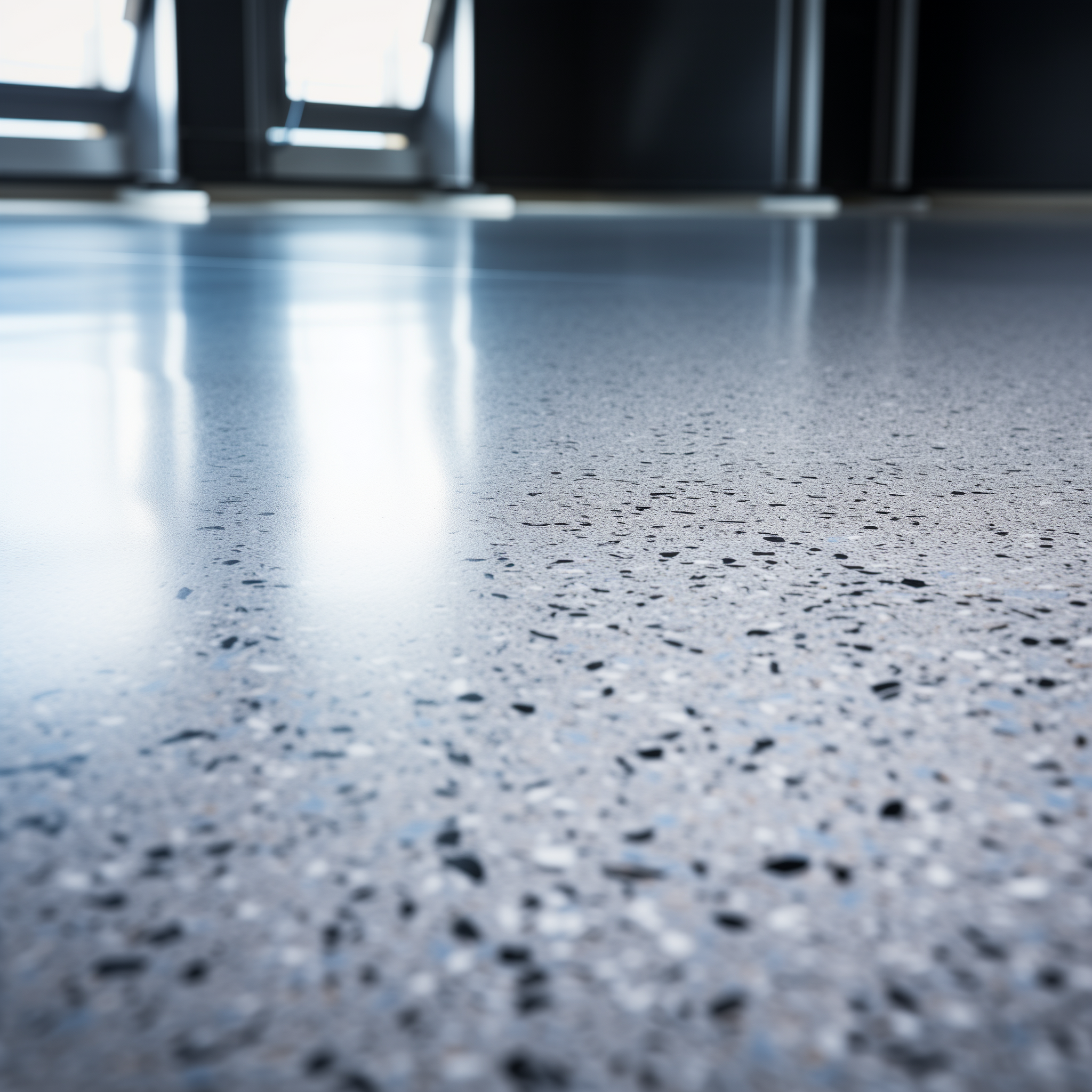 Garage floor with 50% black and white epoxy flake broadcast on a light gray base. This shows a Matte 2 part Water Based Urethane finish by Mckinnon Materials