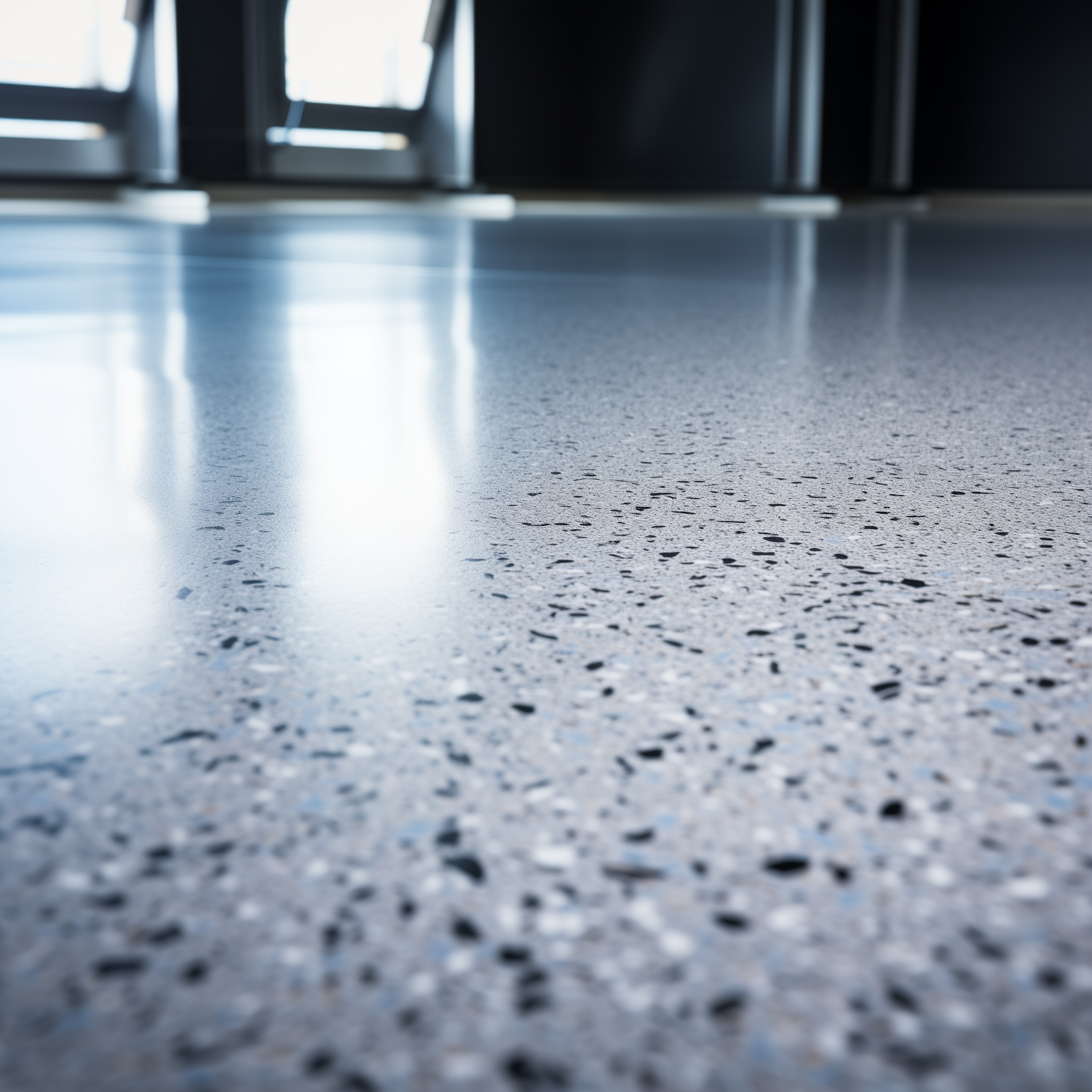 Garage floor with 50% black and white epoxy flake broadcast on a light gray base. This shows a Matte 2 part Water Based Urethane finish by Mckinnon Materials