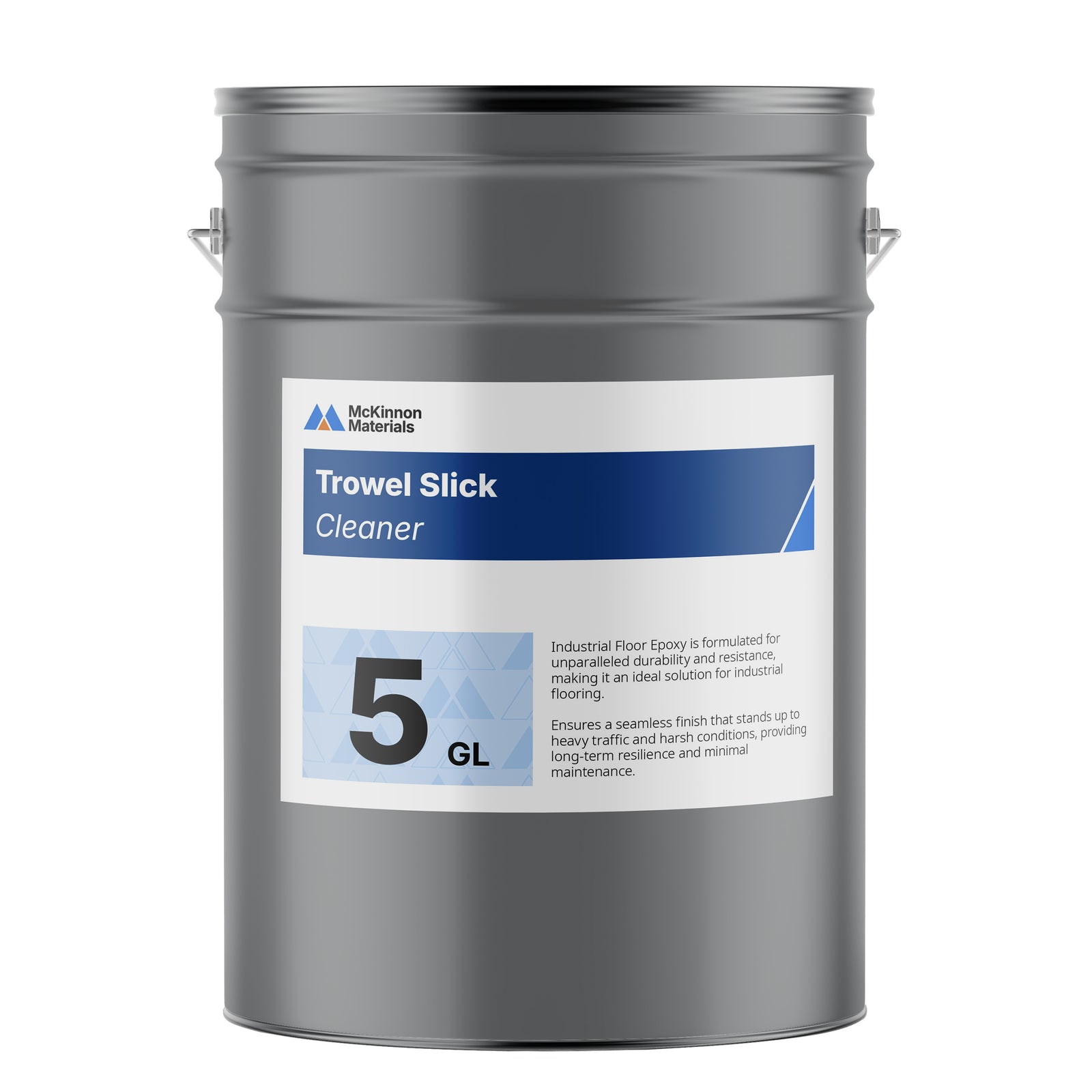 5 Gallon gray can of Trowel Slick. White label with blue accents.