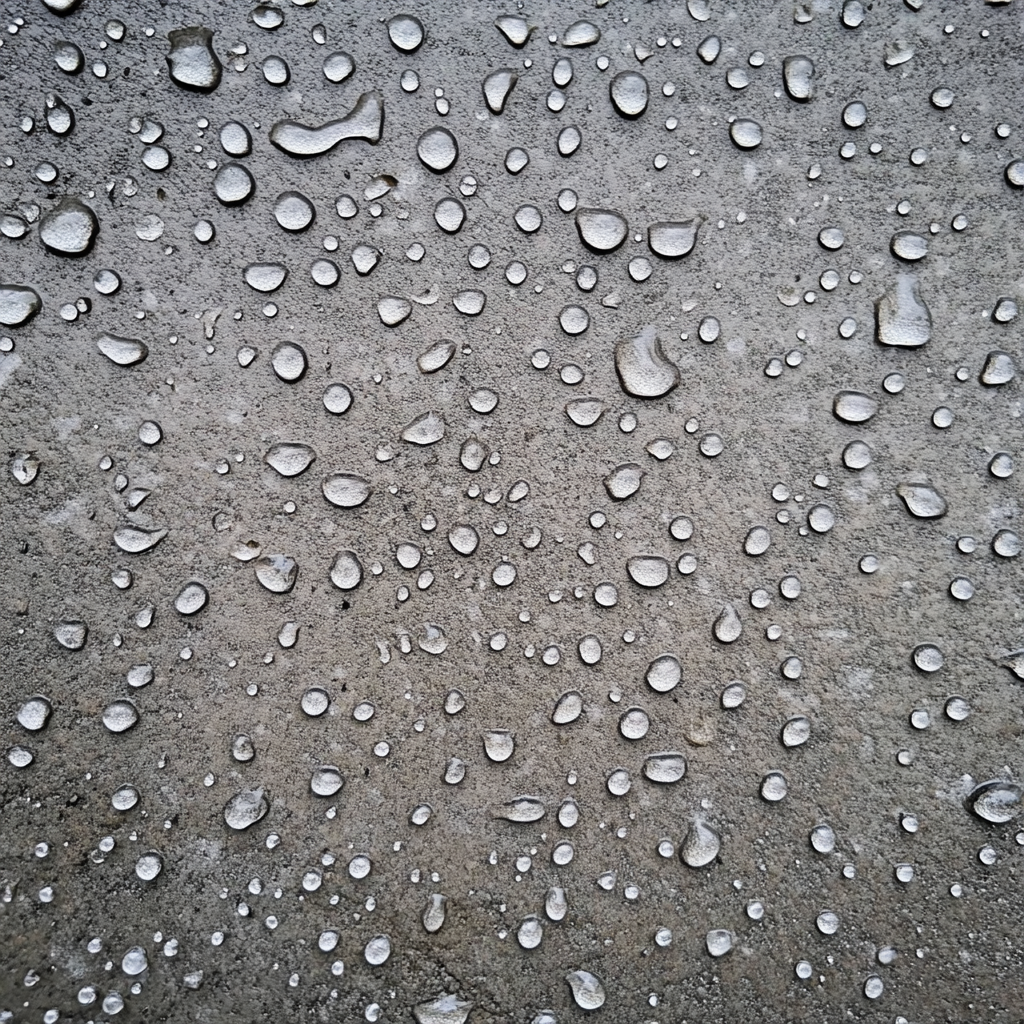 Close-up of water beading on a sealed concrete surface instead of soaking in